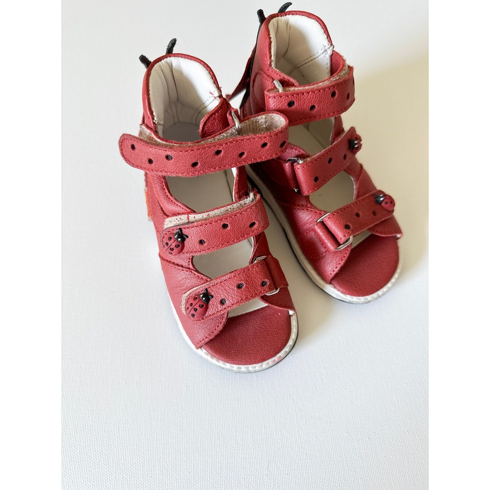 Memo Bella Red Leather Orthopedic Sandals Kids EU 22 Ladybug Hook Loop Straps